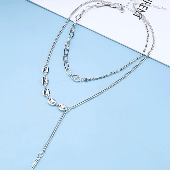 Paperclip & Beaded Necklace Layered w/ Y Chunky Link Silver Tone Necklace NWOT - Picture 2 of 6